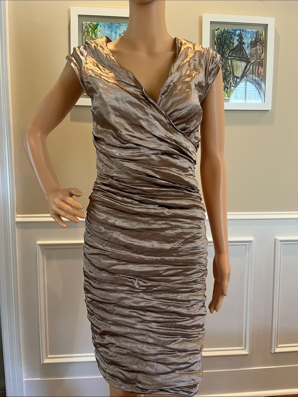 Nicole Miller Gold Metallic Ruched Midi Dress